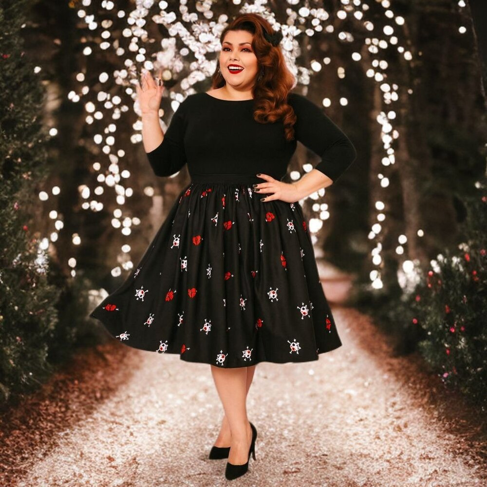 Unique Vintage Gellar Swing Midi Skirt Gothic Skull Heart Flare Bottom Halloween